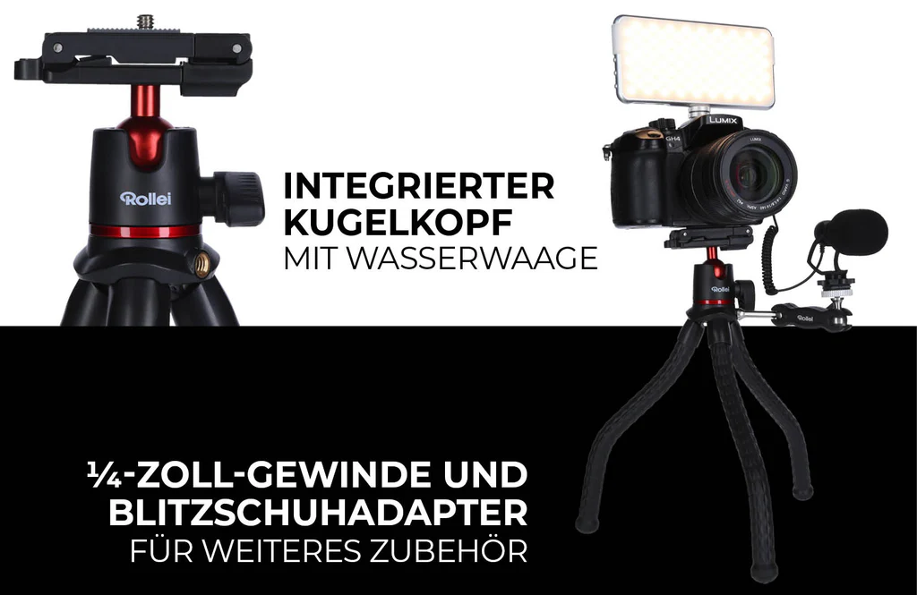 Configuration de caméra avec mini trépied, microphone et lumière LED. Texte : Tête sphérique