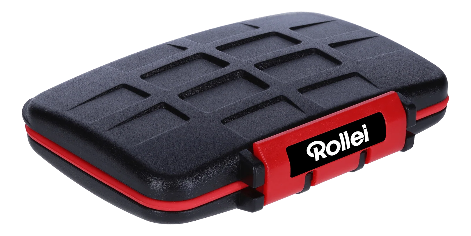 Étui de protection Rollei noir avec loquet rouge et couvercle texturé.