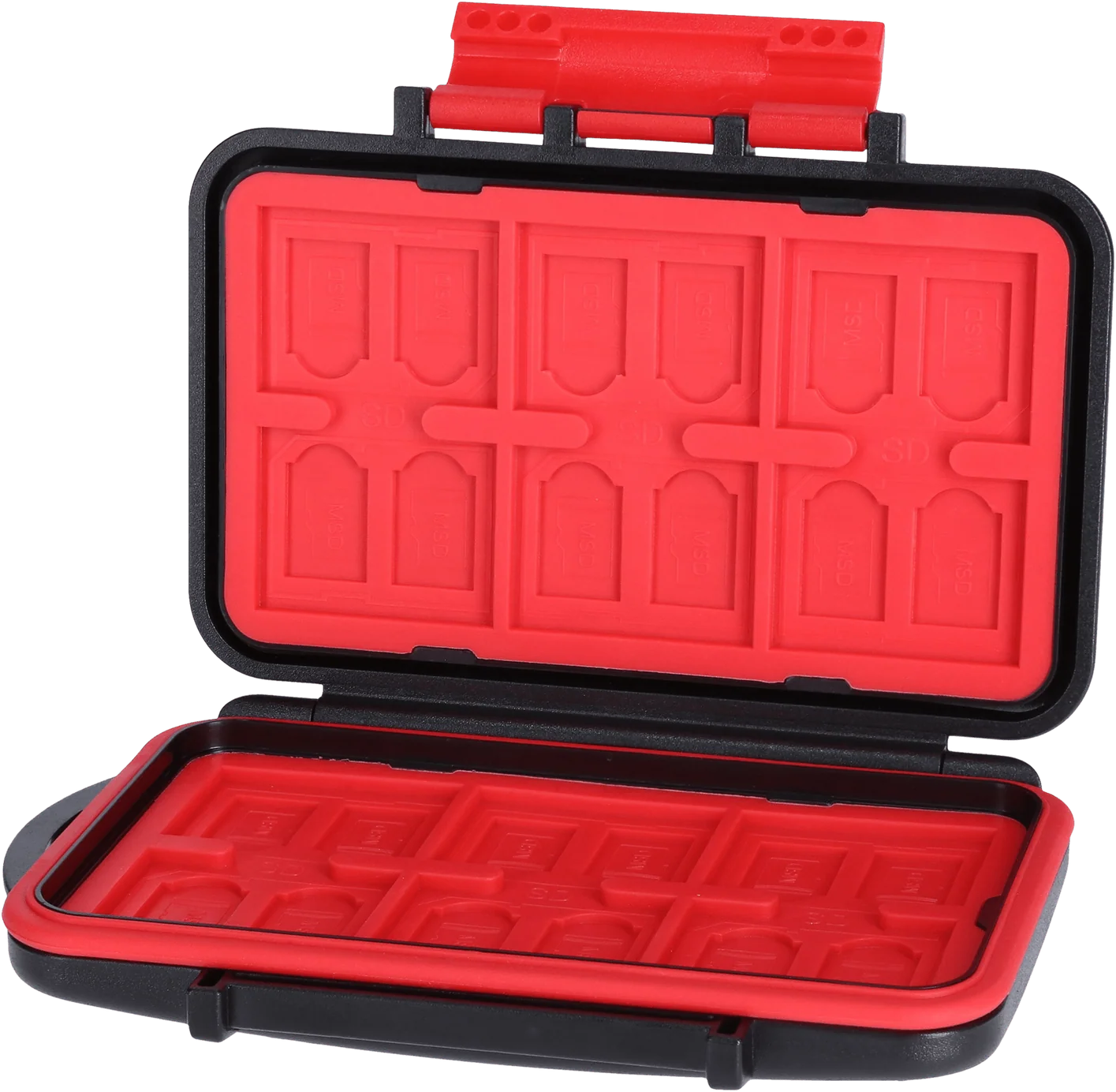 Un porte-cartes rouge et noir avec des fentes pour cartes SD et microSD.