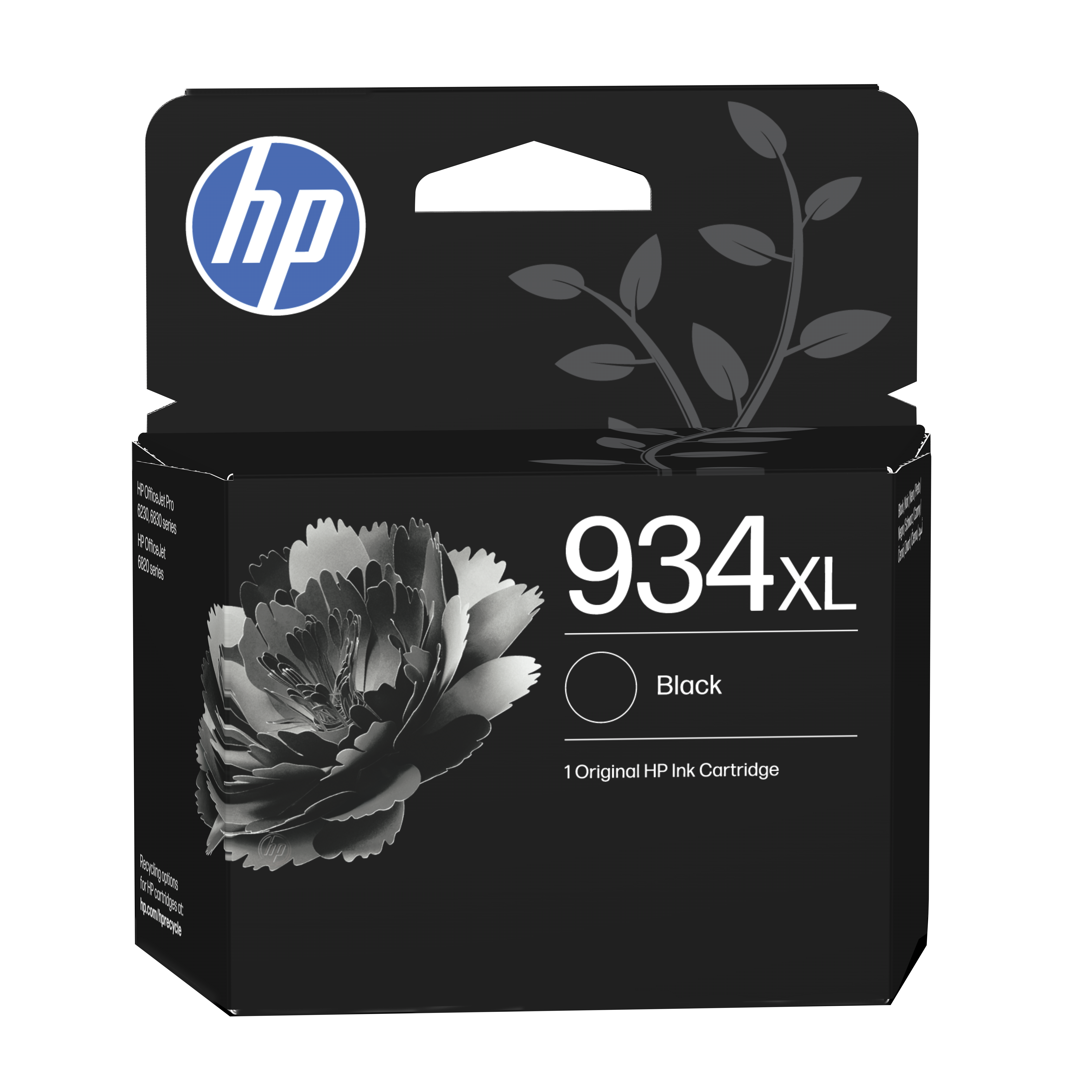 Czarny tusz HP 934XL z logo HP i kwiatowym wzorem na opakowaniu.
