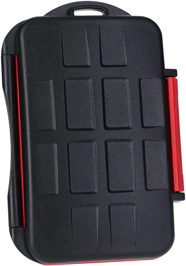 Boîtier noir rectangulaire avec bordure rouge et renfoncements.