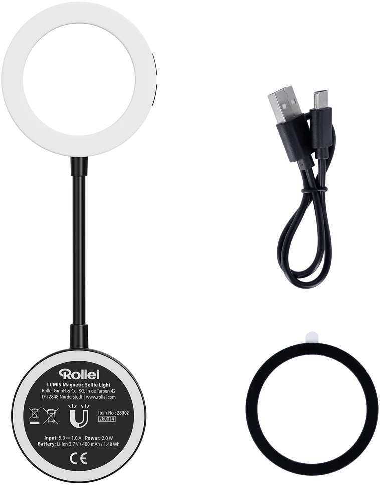 Una luce ad anello bianca con stelo nero, cavo USB e supporto ad anello.