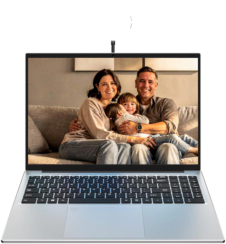 Un laptop mostra una foto di famiglia: genitori e figli su un divano, illuminati da un ring light.
