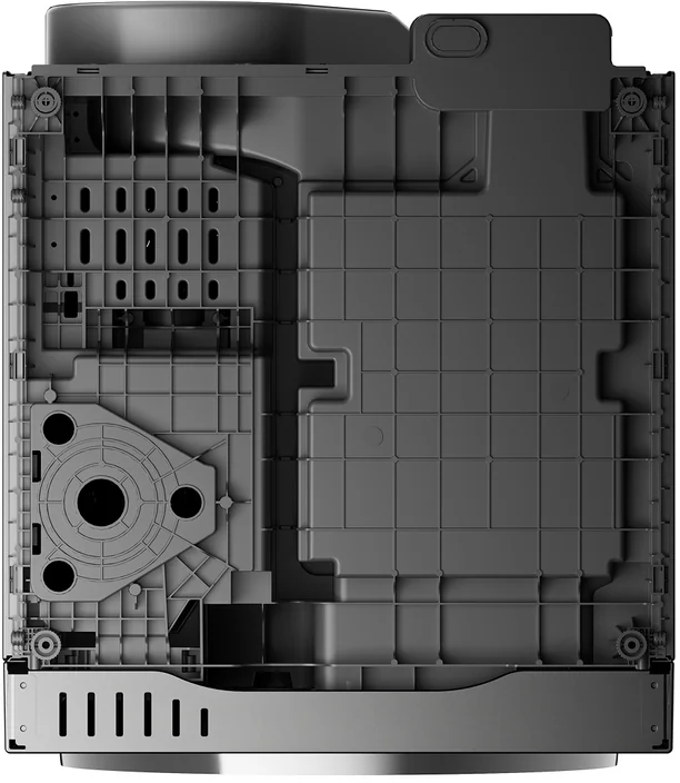 Unterseite eines schwarzen Geräts mit komplexen Kunststoffrippen und Gittern.