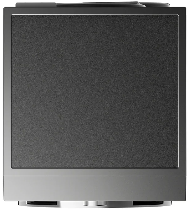 Ein grauer Toaster von oben, mit einer glatten Metalloberfläche und einem Drehknopf.