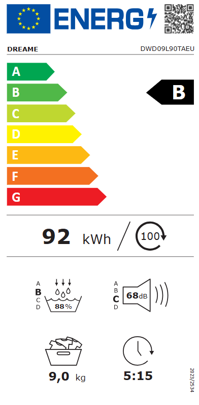 Energieeffizienzlabel mit Klasse B, 92 kWh/100 Zyklen, 88% Restfeuchte.