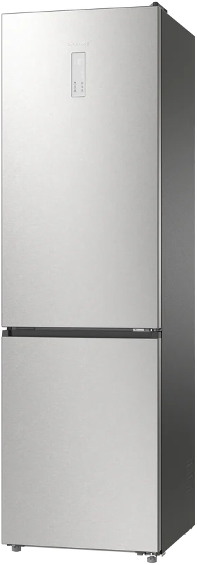 Un frigorifero argentato a due porte con display digitale sulla porta superiore.