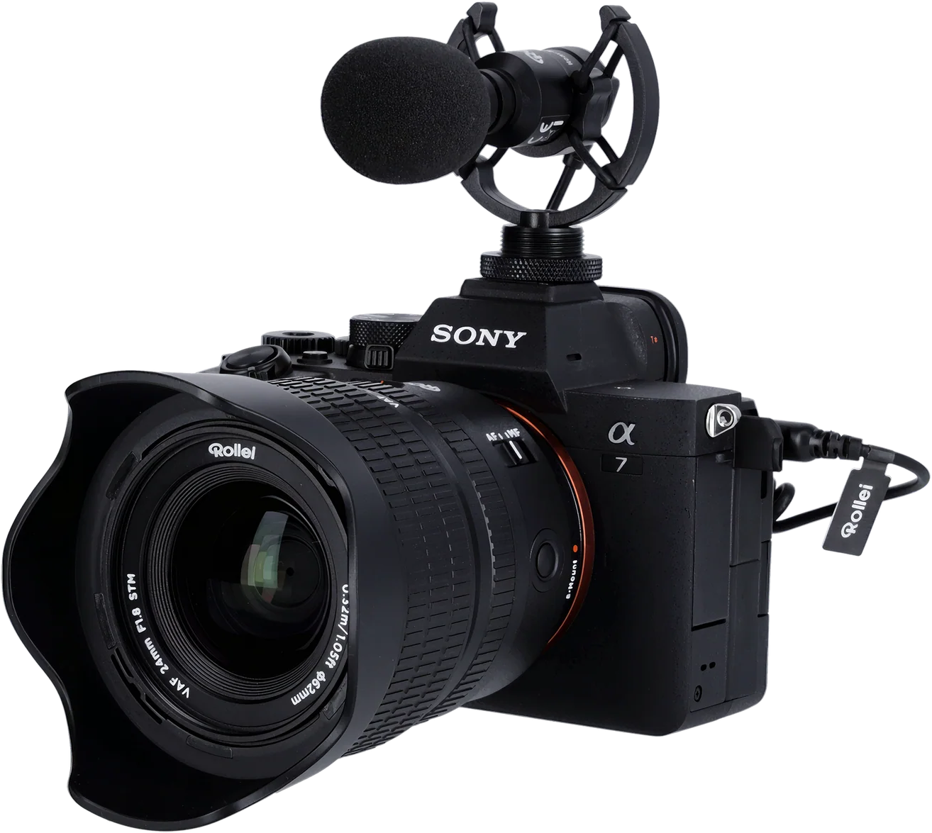 Schwarze Sony Alpha 7 Kamera mit Rollei Objektiv und Mikrofon.