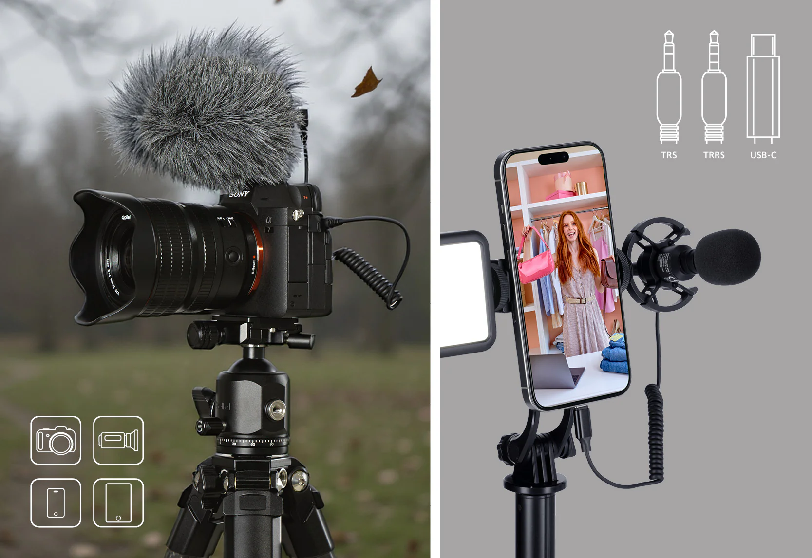 Kamera auf Stativ mit Mikrofon und Handy-Vlogging-Aufbau mit Mikrofon und Licht.