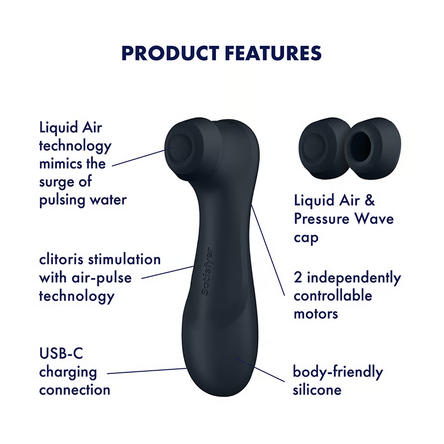 Stimulateur bleu foncé avec technologie Air-Pulse, charge USB-C et deux moteurs.