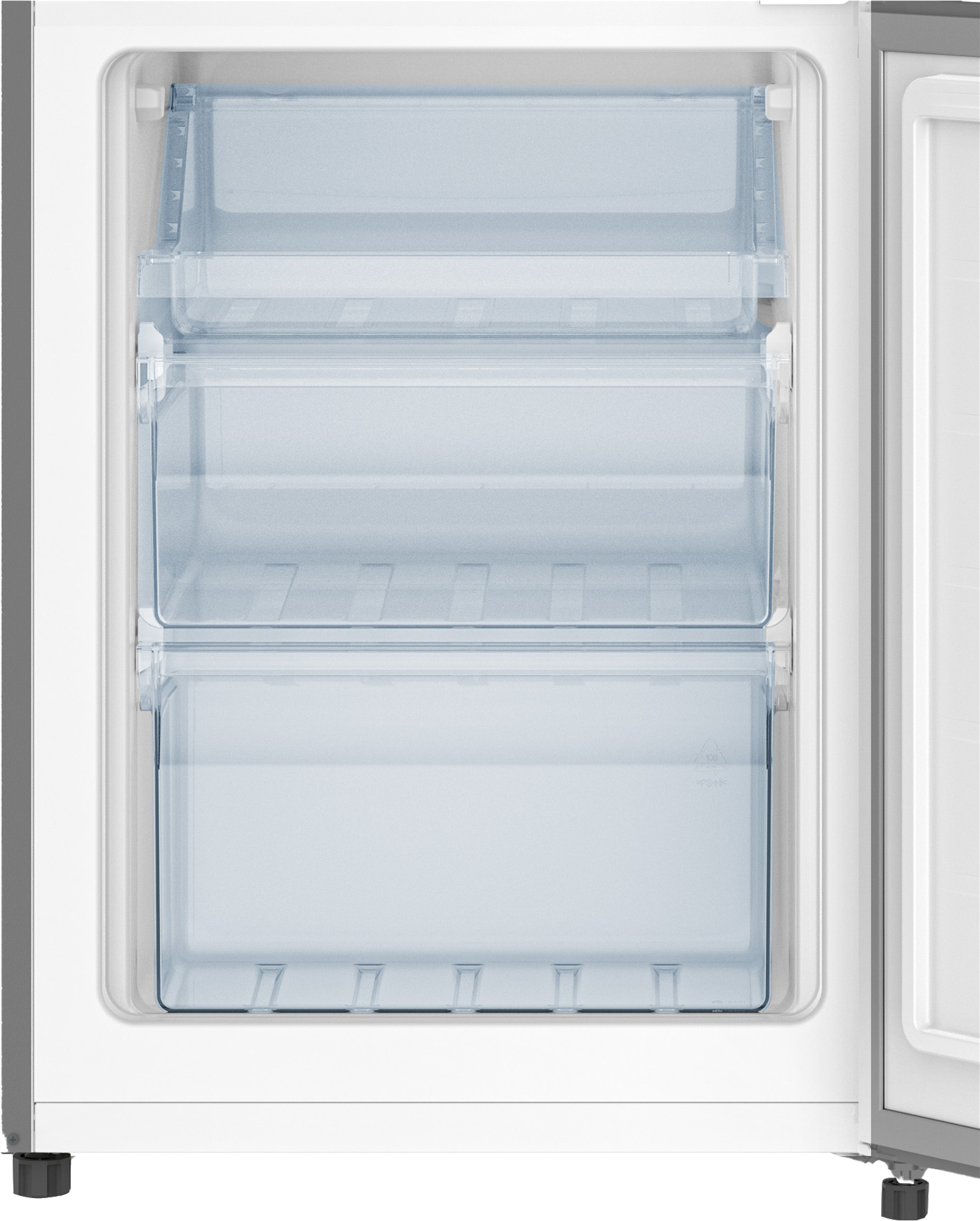 Ein leerer Kühlschrank mit drei durchsichtigen Schubladen und offener Tür.