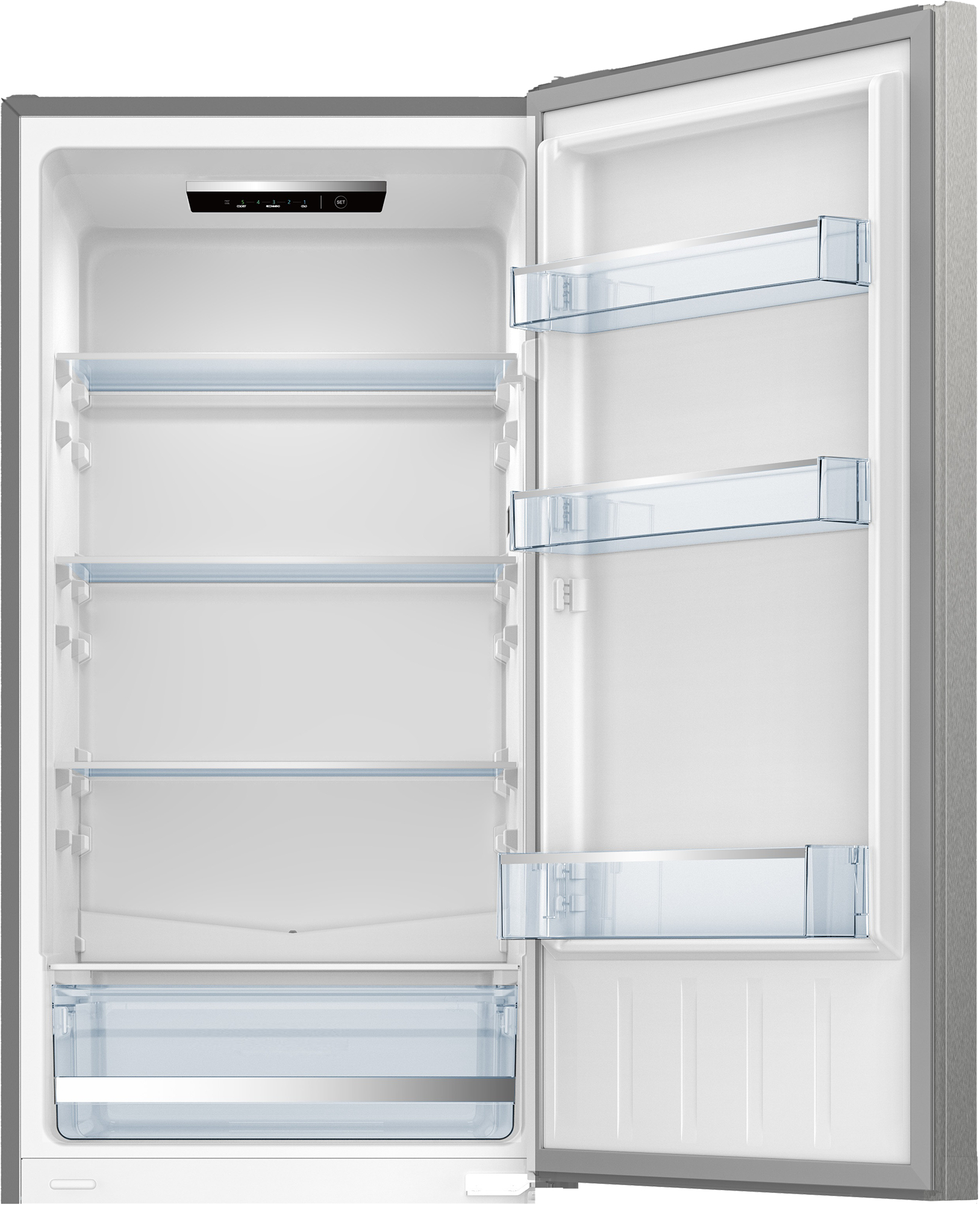 Ein offener Kühlschrank mit Glasregalen und einer Schublade.