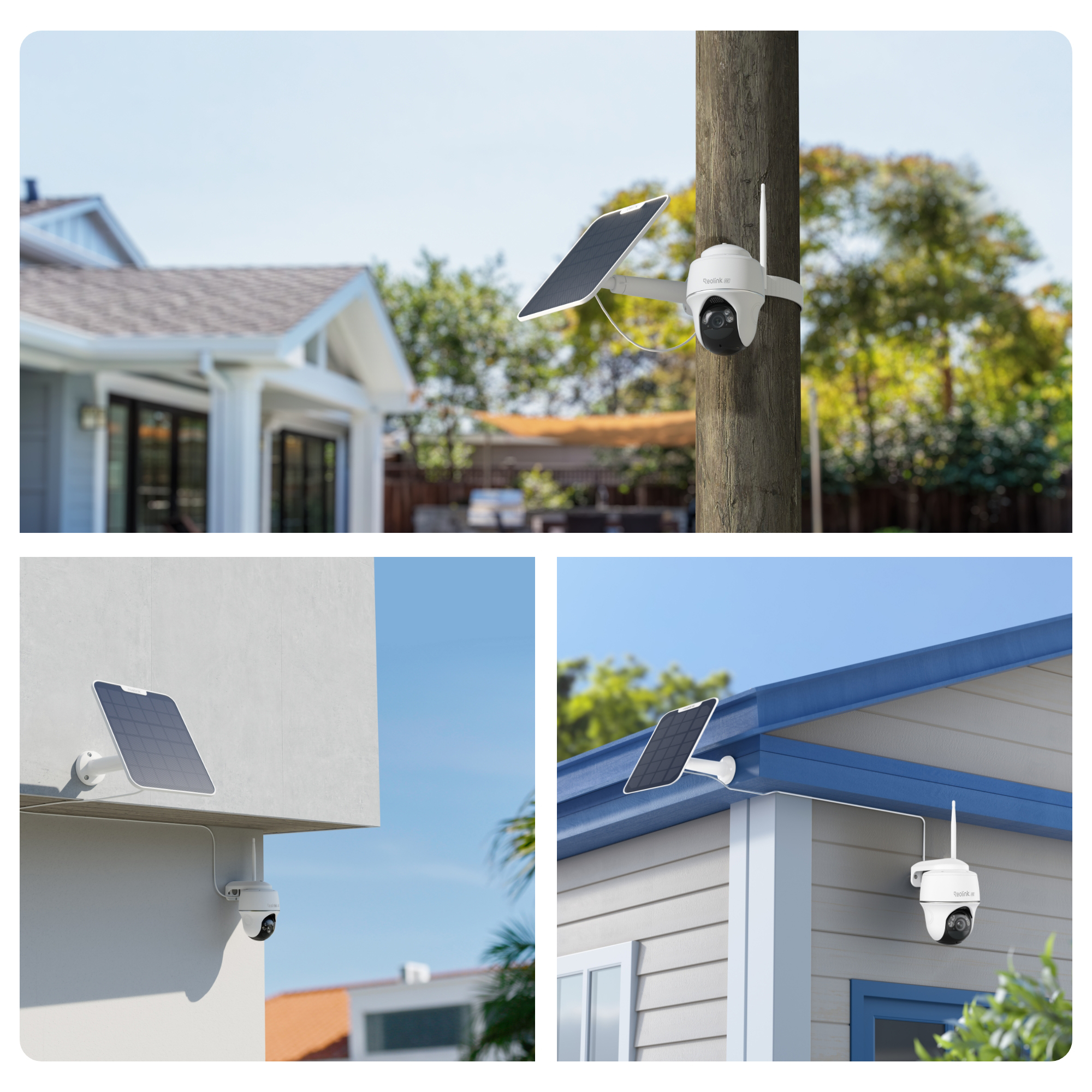 Weiße Überwachungskameras mit Solarmodulen an Hauswänden und Pfosten.