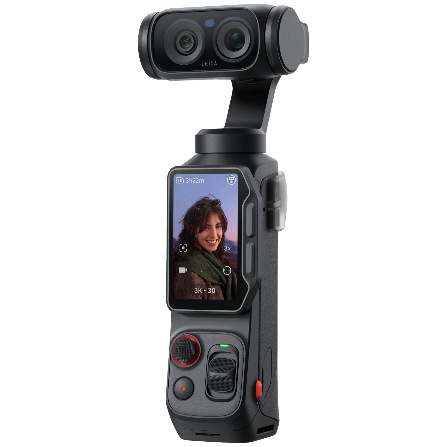 Een zwarte gimbal camera handgreep met dubbele Leica lenzen en touchscreen.