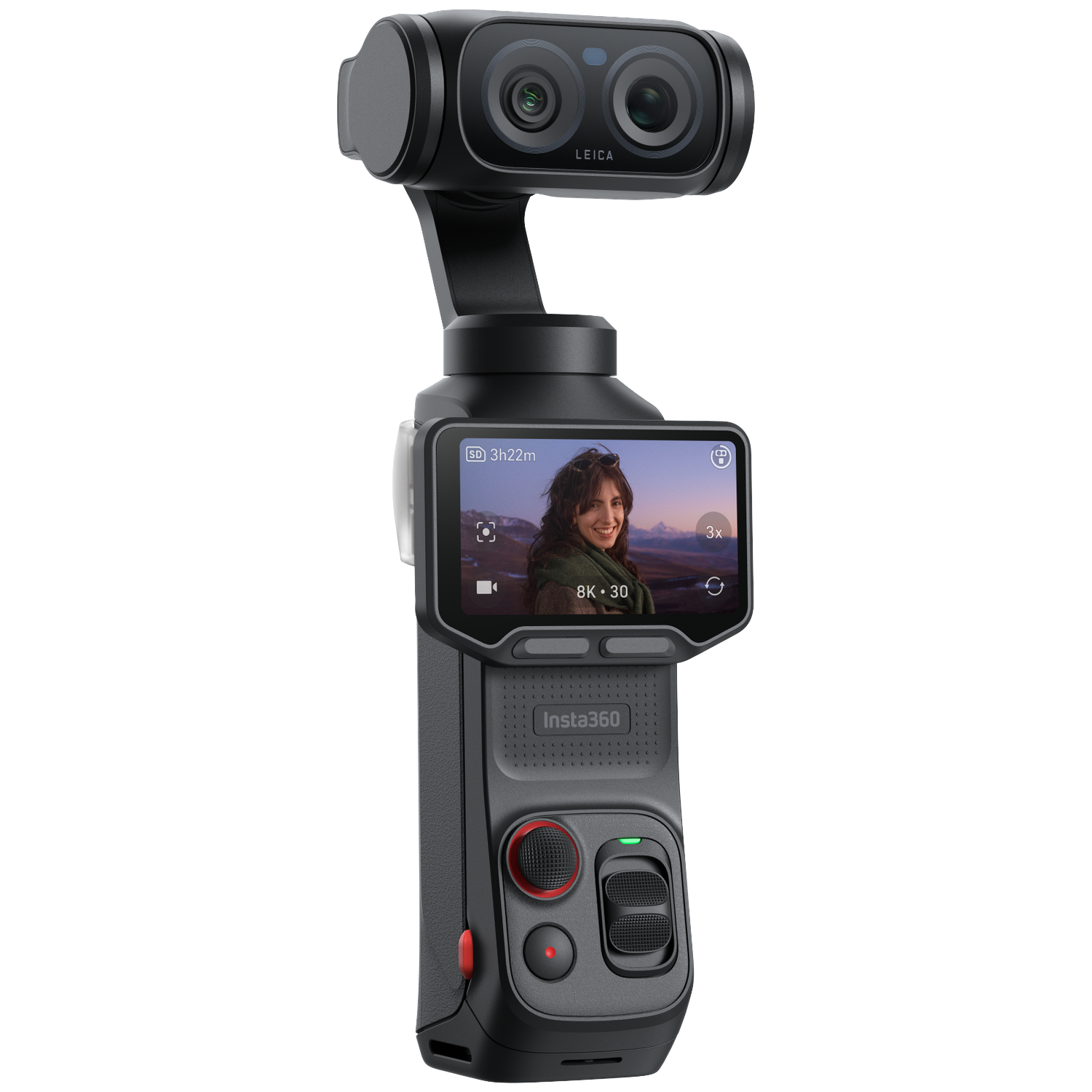 Een zwarte gimbal met dubbele camera's, Leica-logo, touchscreen en bedieningselementen.