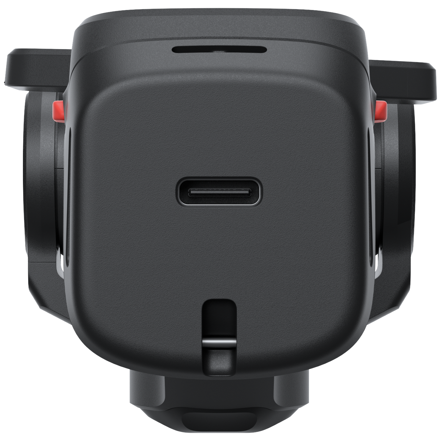 Zwarte behuizing met USB-C-poort, rode accenten en een sleuf.