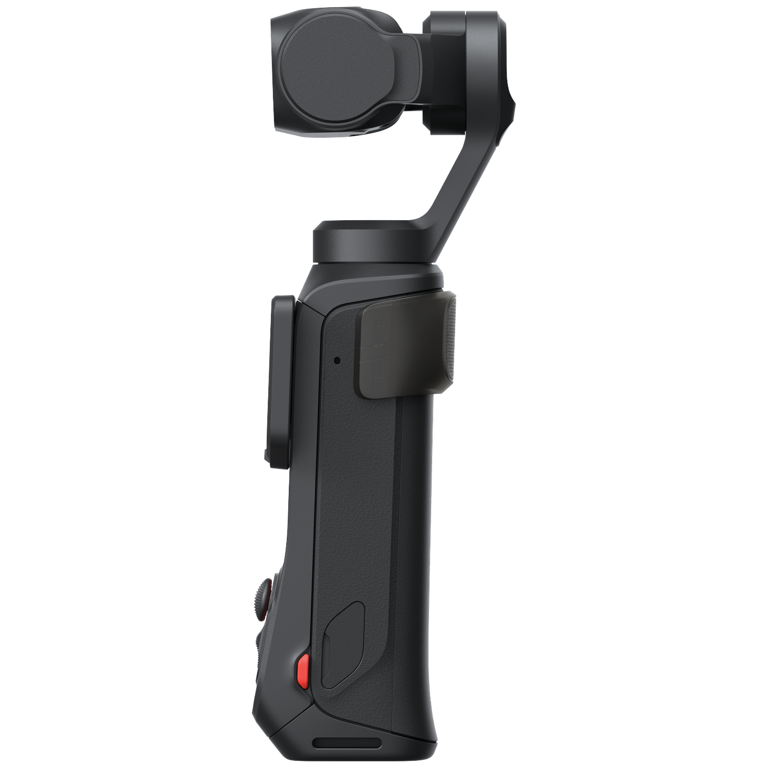 Donkergrijs gimbal met cameramontage, rode knop en zwarte handgreep.