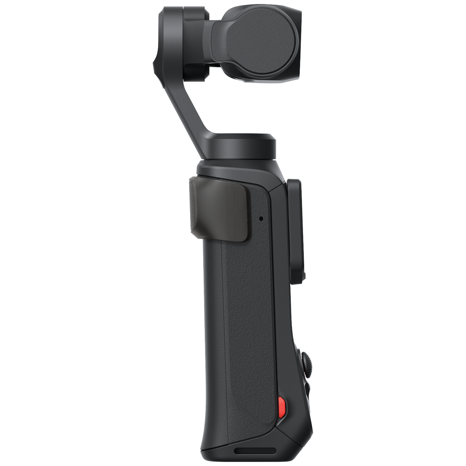 Een zwarte gimbal met handvat, joystick en rode accent, geïsoleerd.