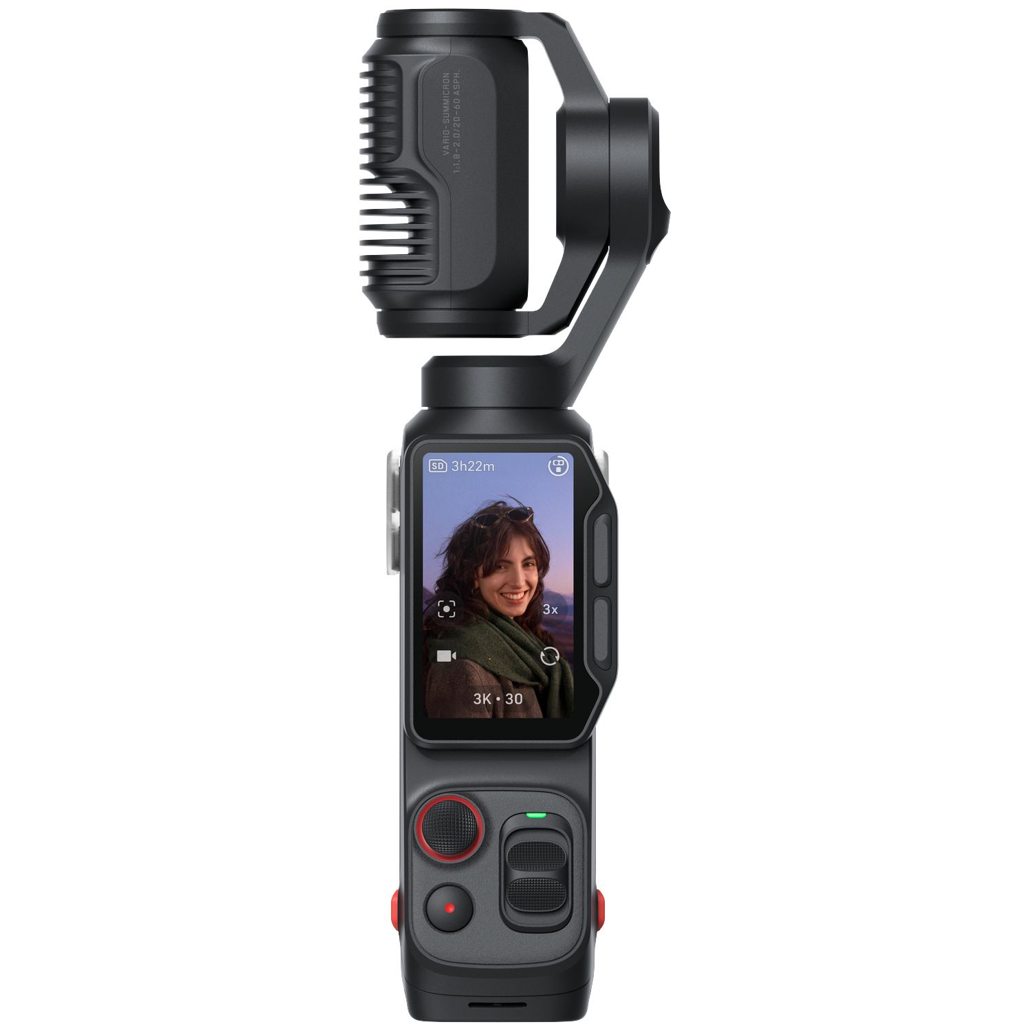 Een zwarte gimbal met een scherm waarop een vrouw staat. Een lens is zichtbaar.