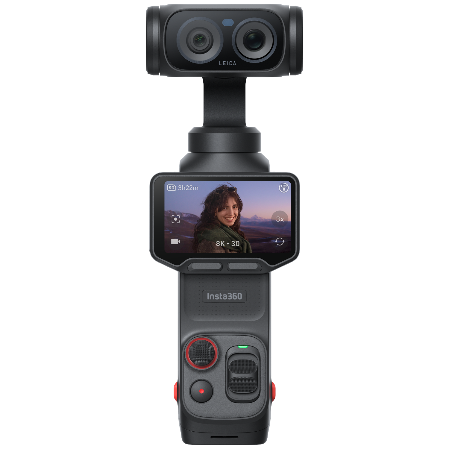 Een zwarte gimbal met Leica-camera en touchscreen die een vrouw toont.