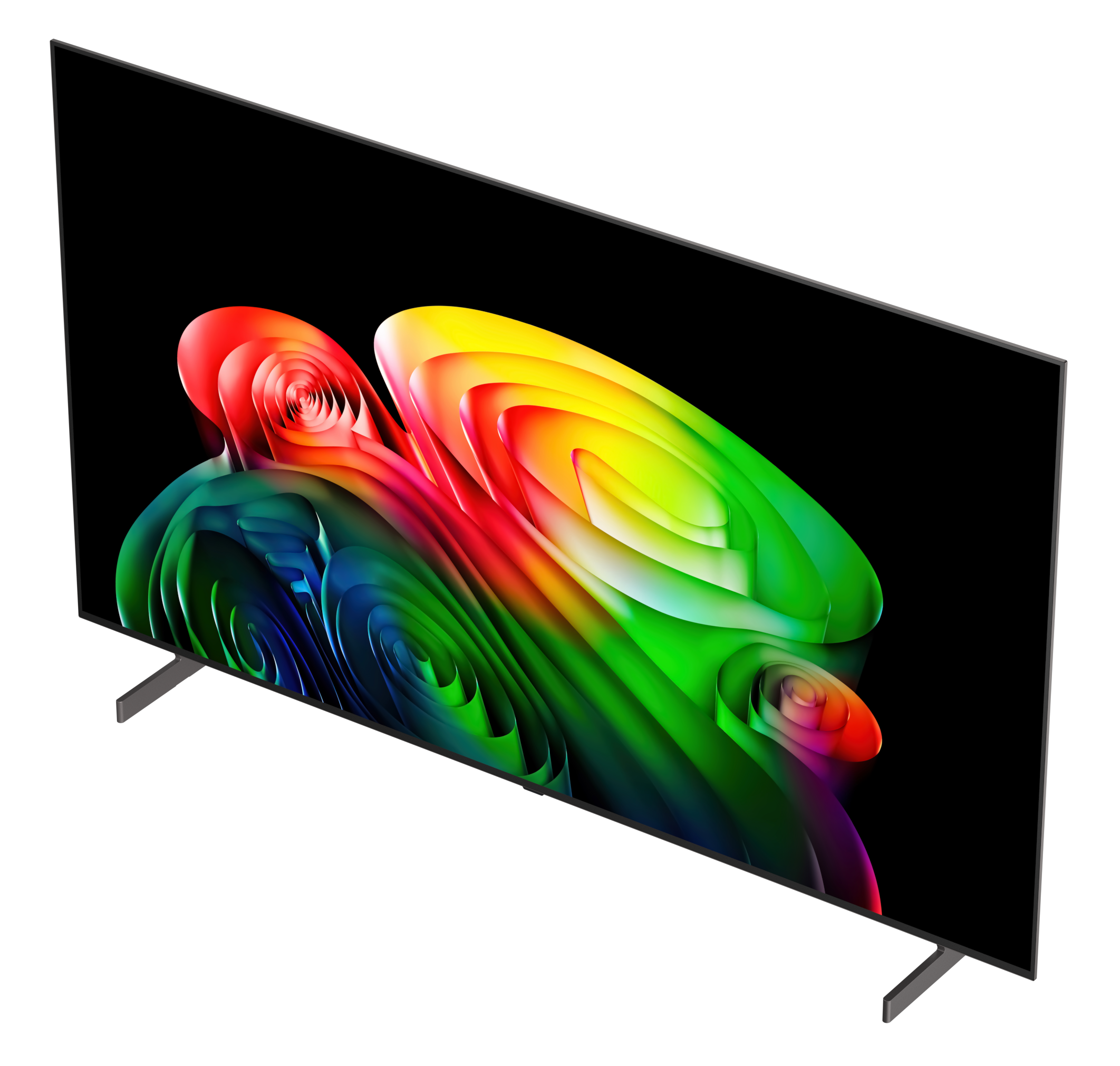 Nowoczesny telewizor wyświetlający kolorowy, abstrakcyjny obraz na ekranie.