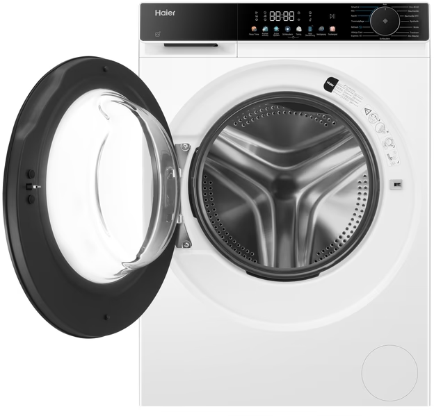 Weiße Haier Waschmaschine mit offener Tür und Edelstahltrommel. Digitalanzeige.