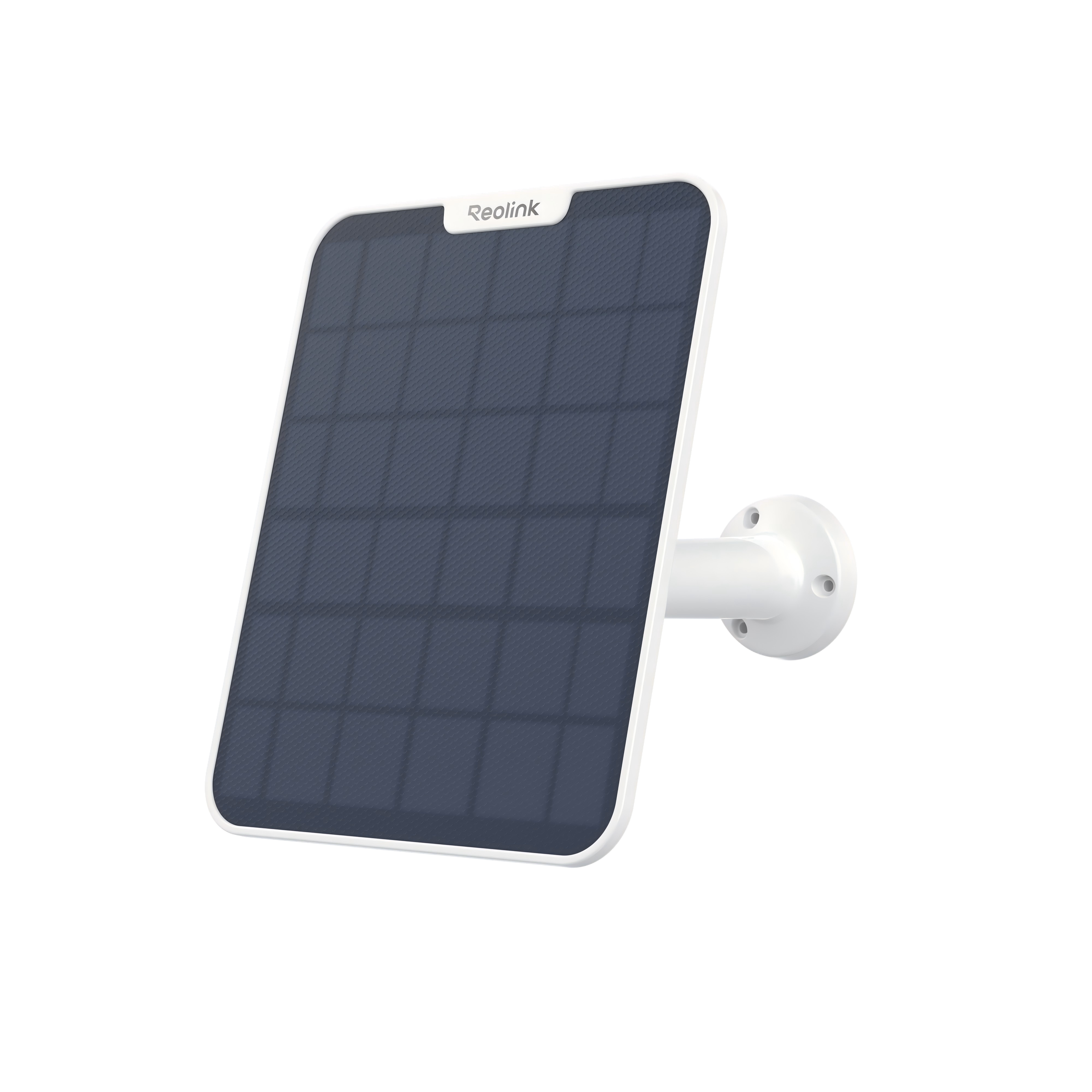 Ein weißer Halter mit einem dunklen Solarpanel und dem Reolink-Logo.