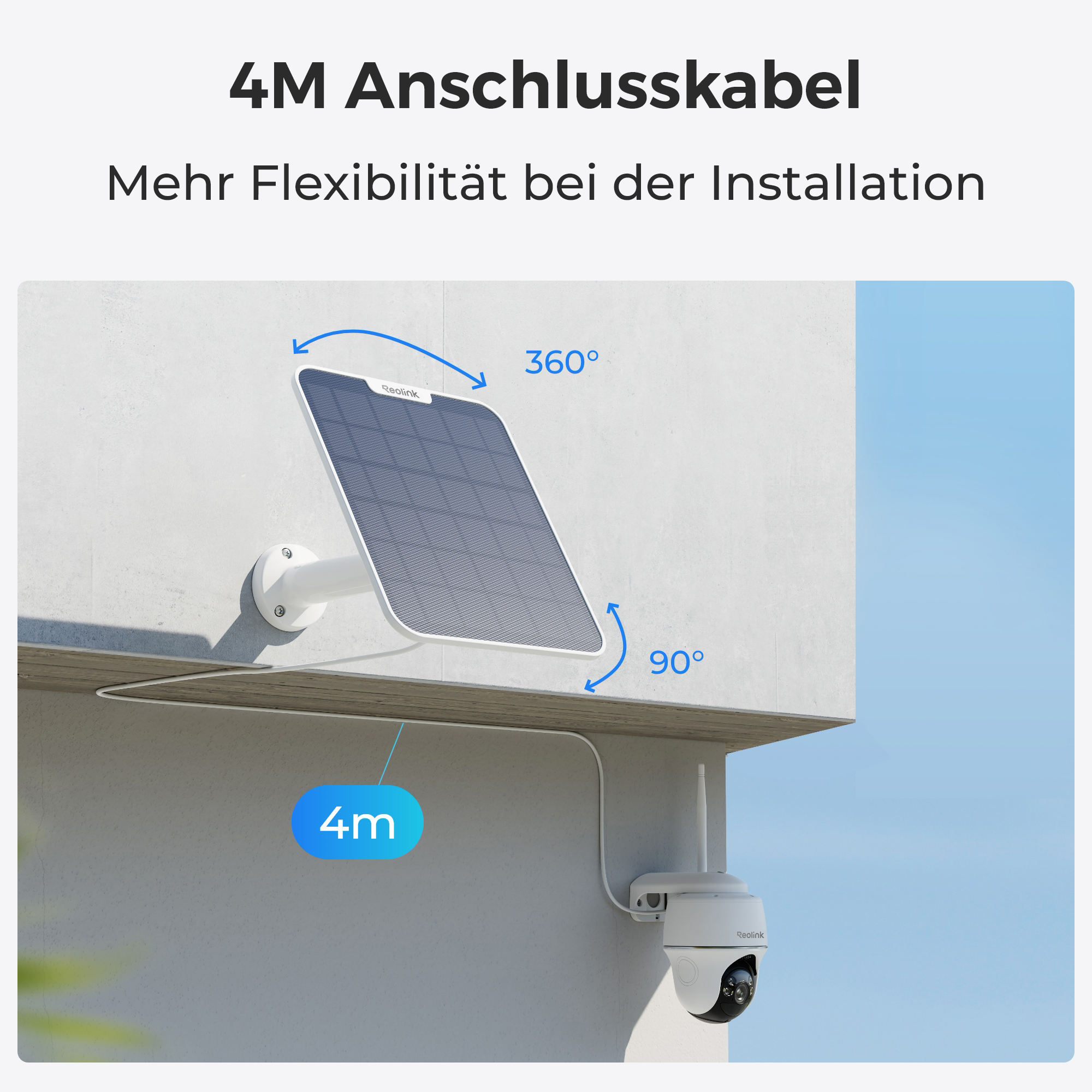 Solarpanel mit 360/90 Grad Verstellbarkeit, verbunden mit einer Kamera per 4m Kabel.