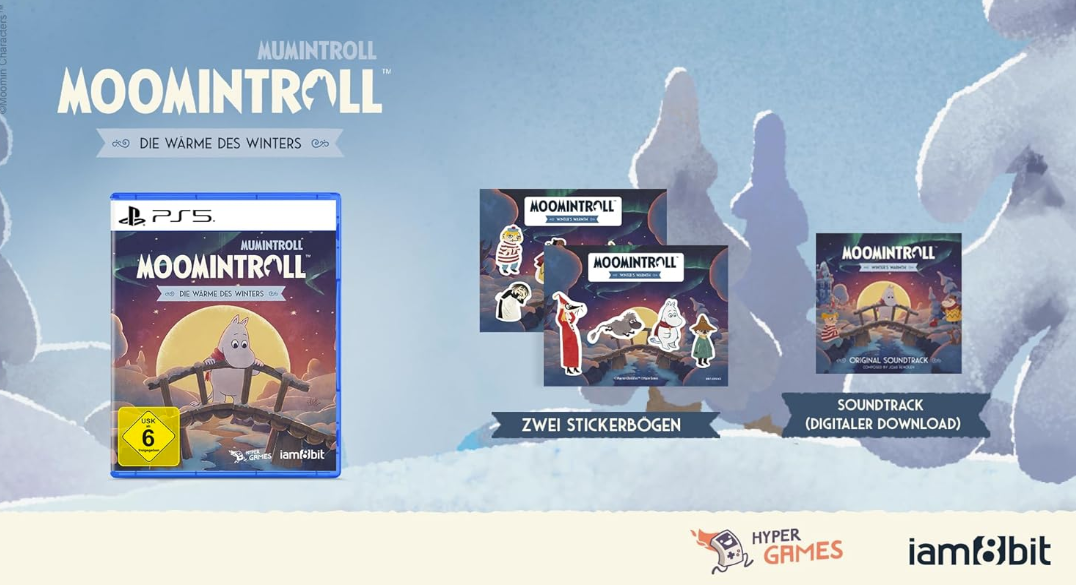 Moomintroll Spiel, Stickerbögen und Soundtrack auf verschneitem Hintergrund.