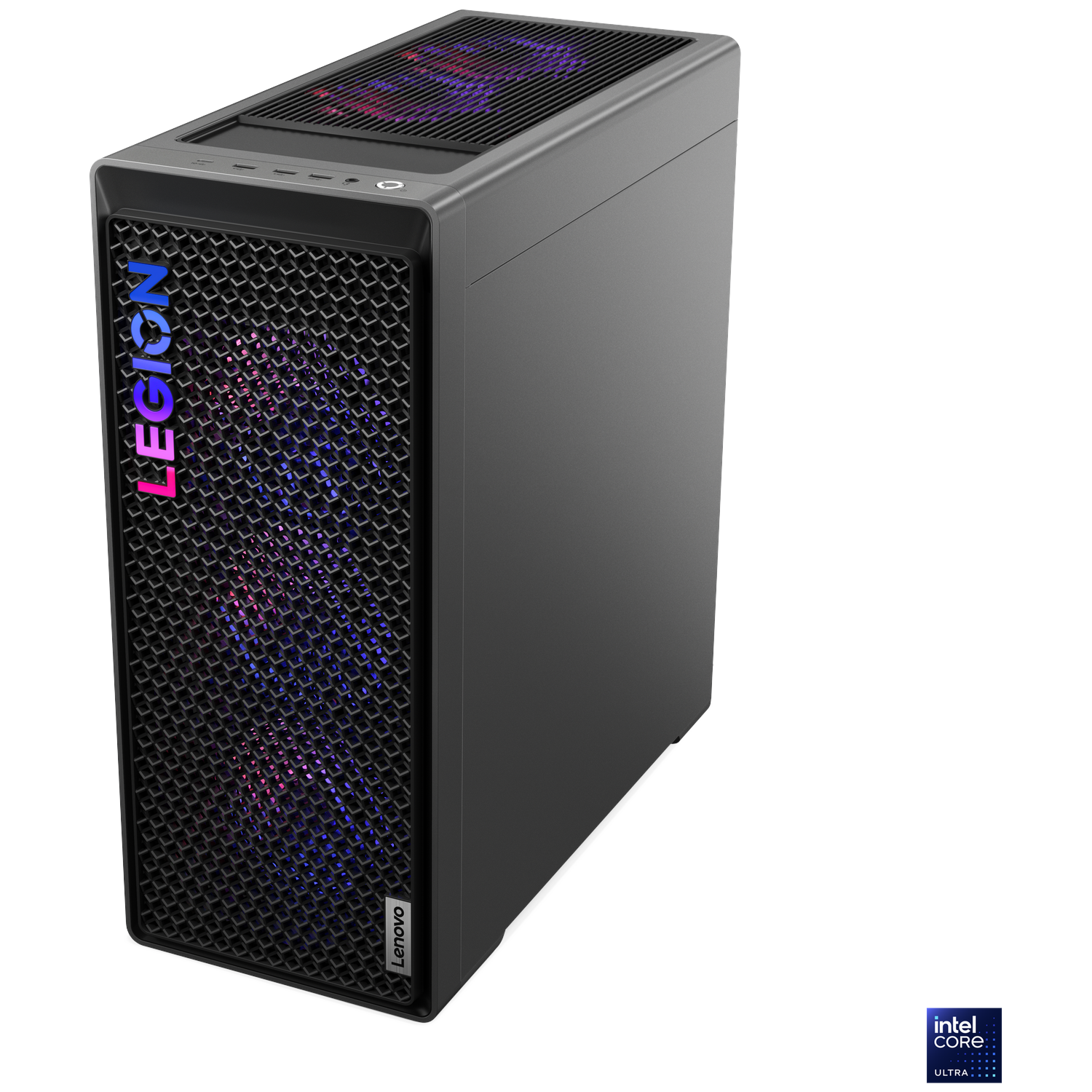 Black Lenovo Legion gaming desktop with illuminated logo and Intel Core Ultra sticker.