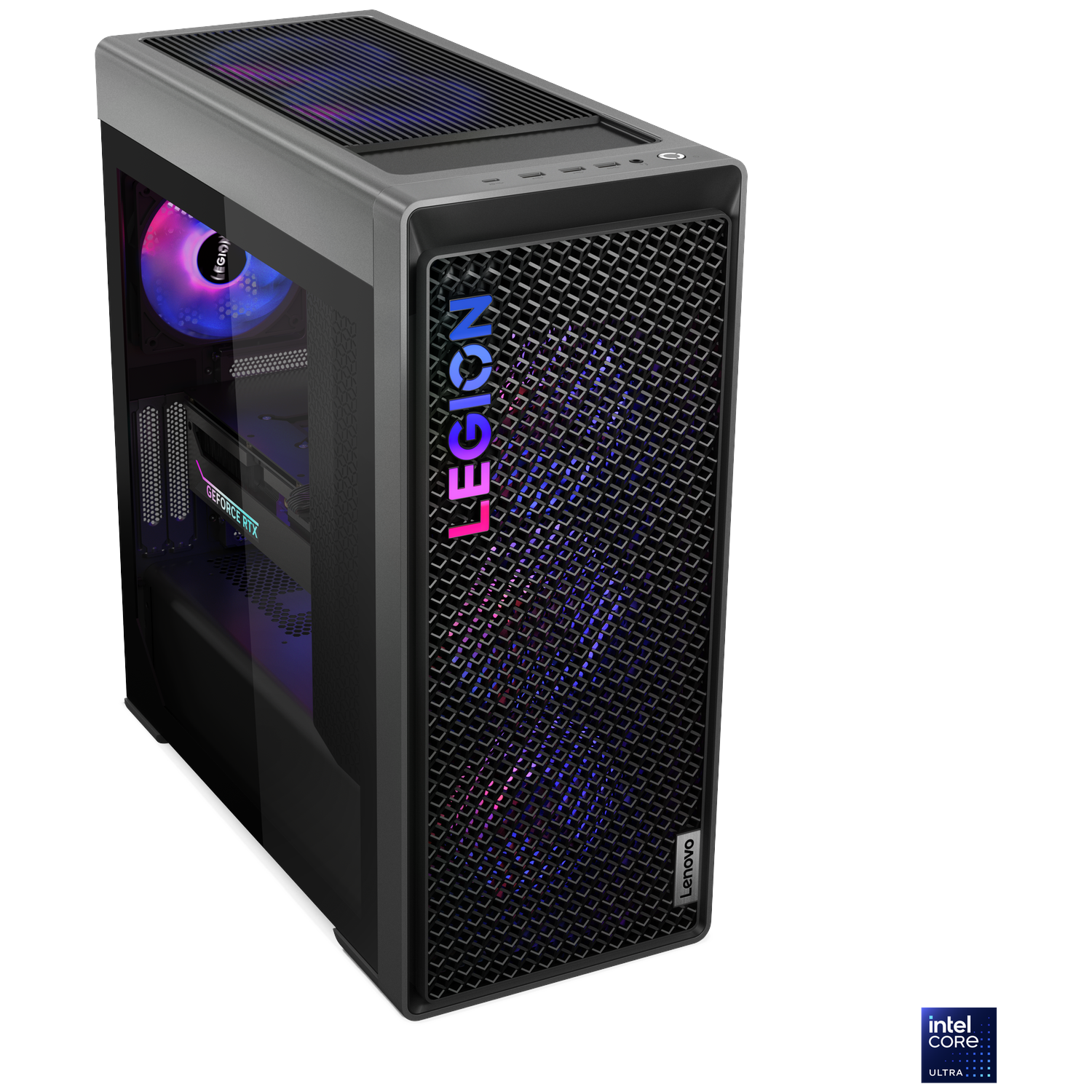 A Lenovo Legion gaming PC with RGB fan and illuminated "LEGION" logo.