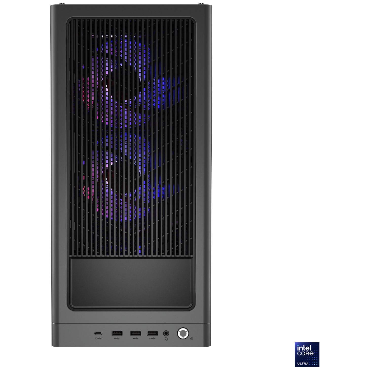 A tall, dark grey computer tower with RGB fans visible through the front grille.