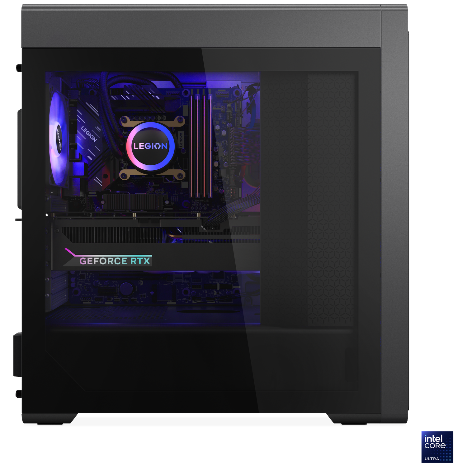A black gaming PC with blue and red lighting, showing "GEFORCE RTX".