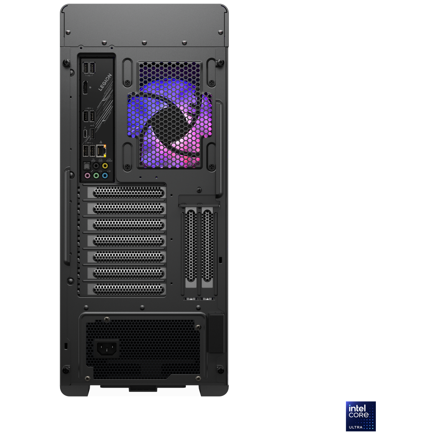 Rear of a PC showing ports, RGB fan, and Intel Core Ultra logo.