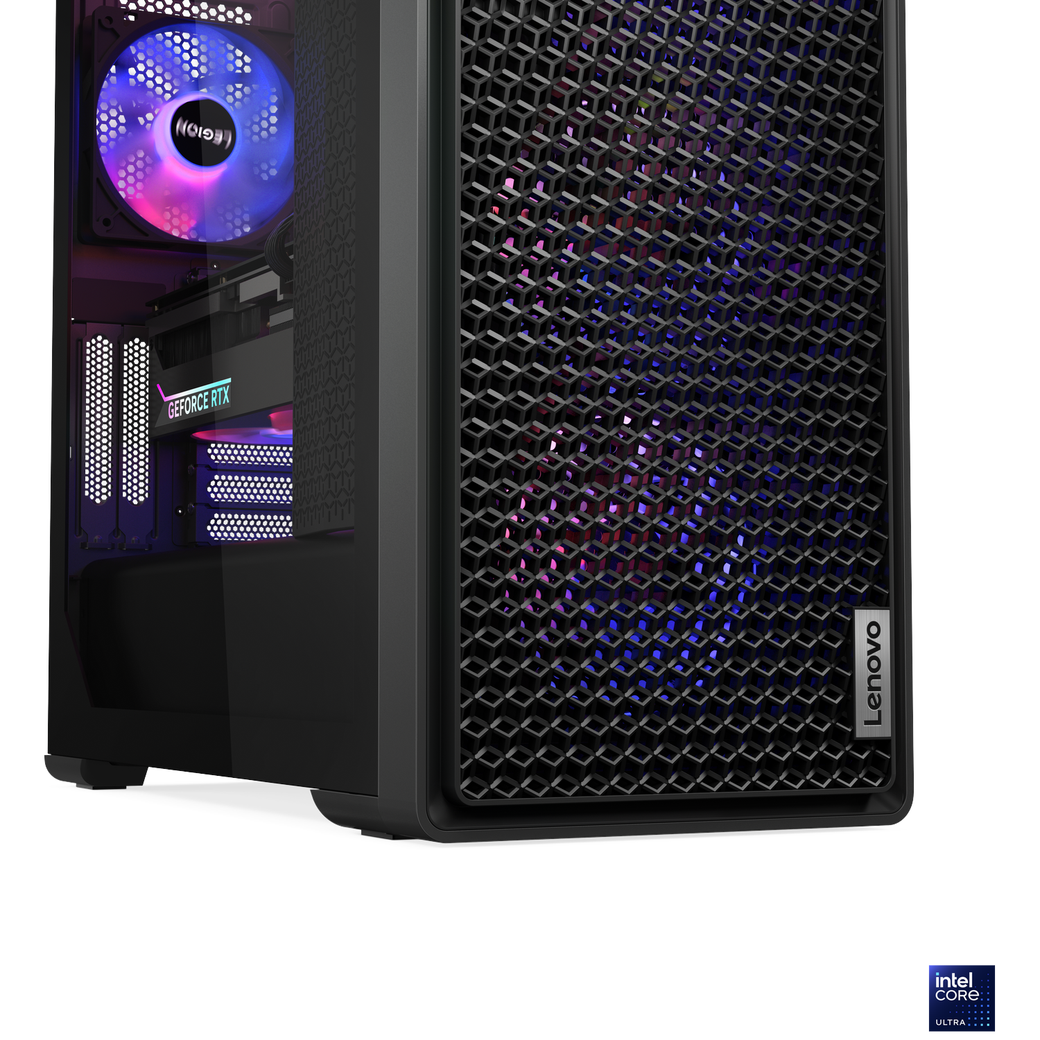 Black gaming PC with illuminated fan and GeForce RTX graphics card.