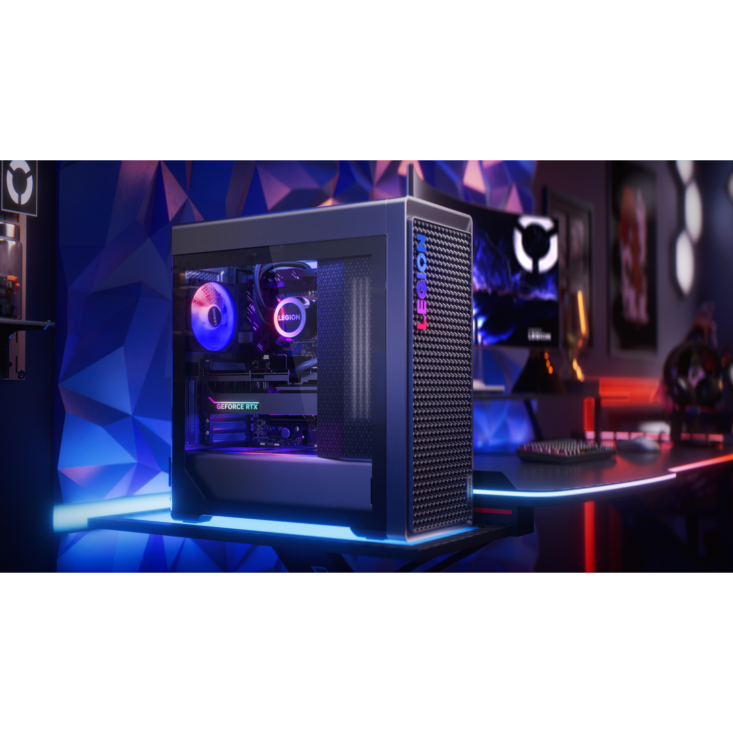 A Lenovo Legion gaming PC with RGB lighting on a desk.