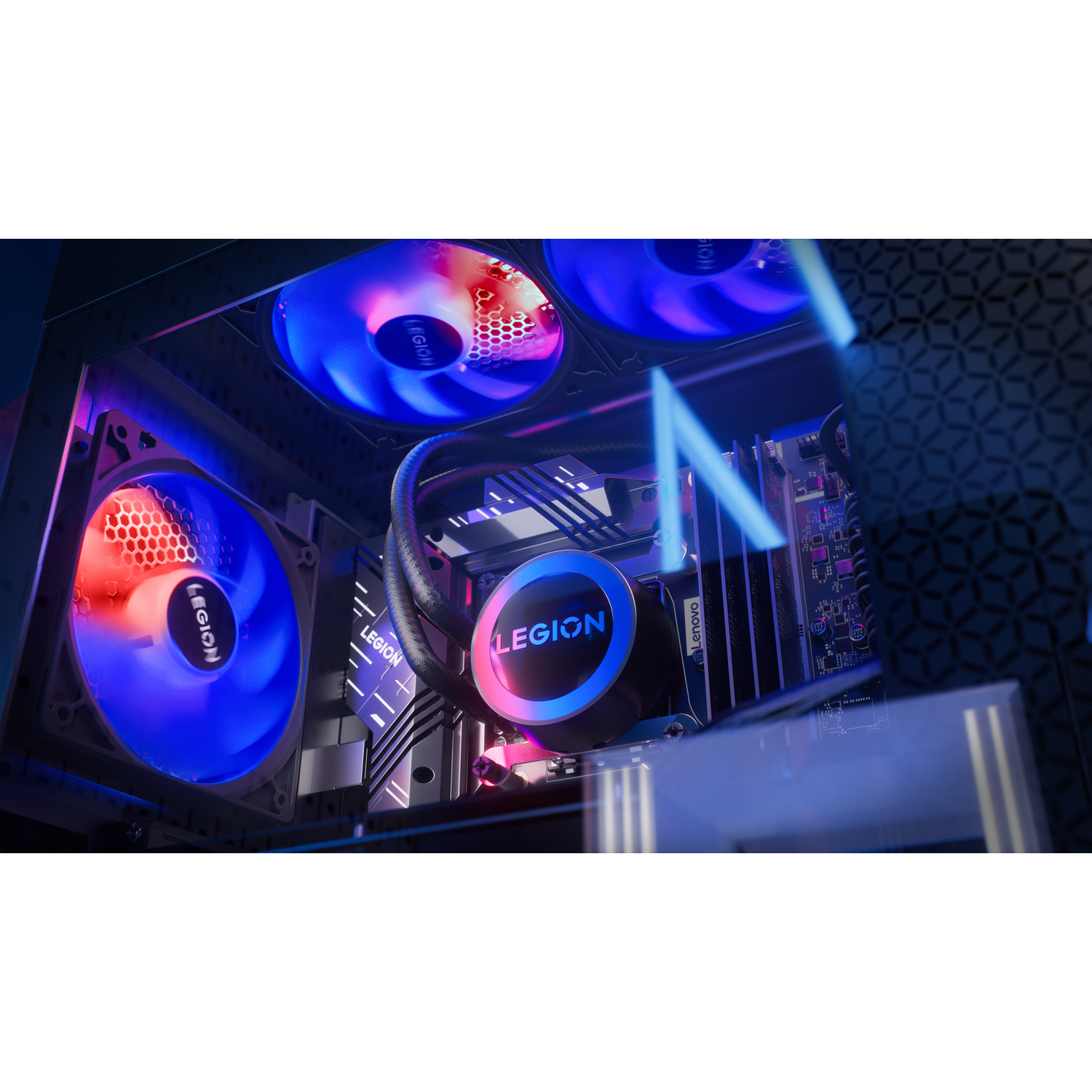 A PC case with illuminated fans and water cooling.