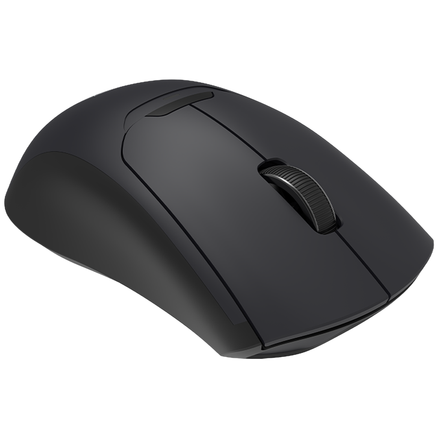 A black computer mouse with a scroll wheel, isolated on a white background.