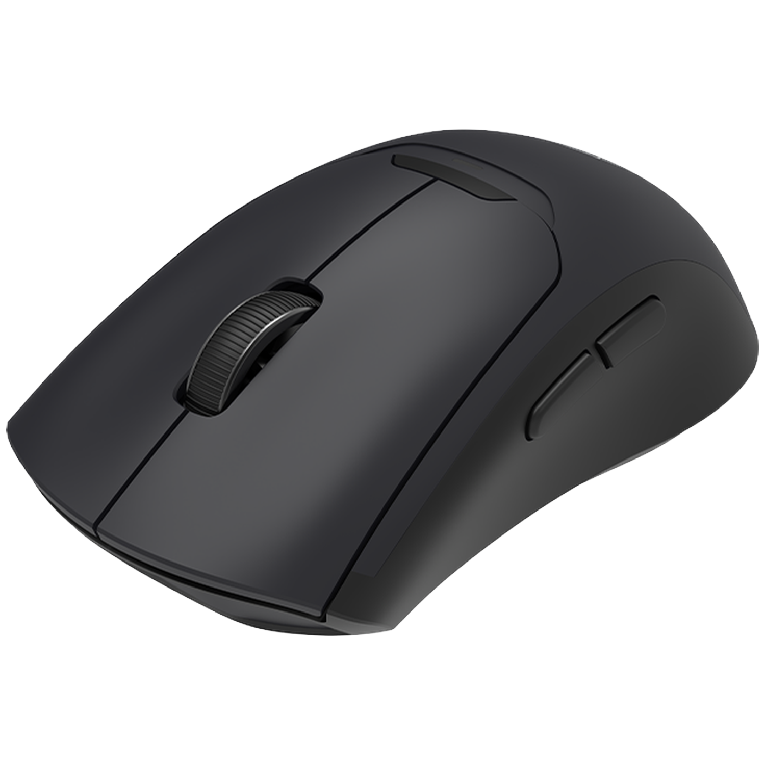 A black computer mouse with a scroll wheel in the center.
