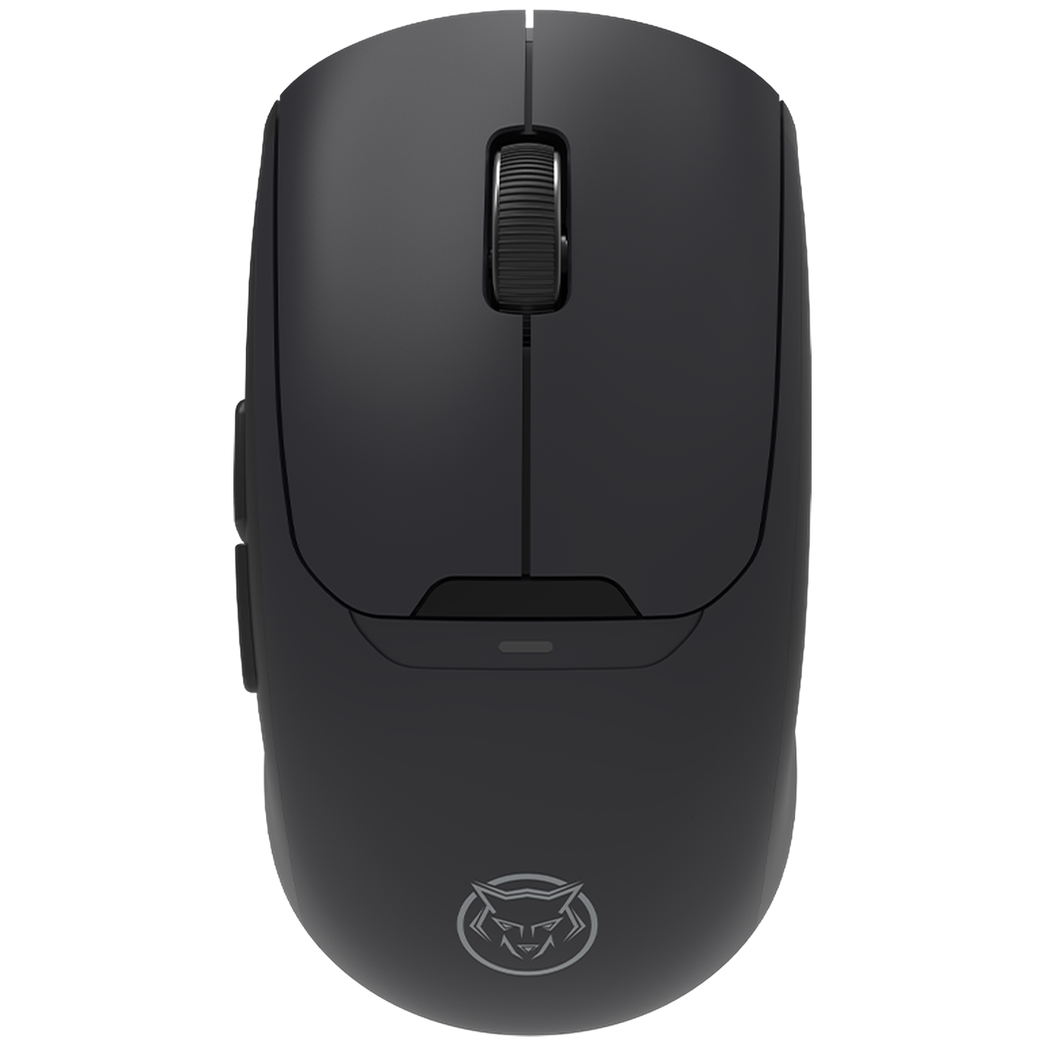 Black wireless mouse with a scroll wheel and two side buttons. Logo at bottom.