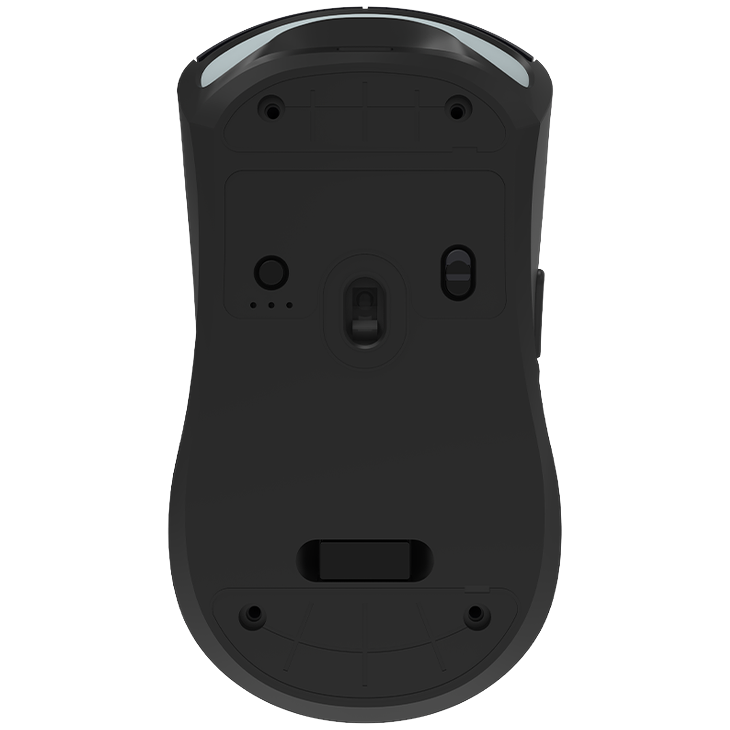 Underside of a black computer mouse showing sensors and switches.