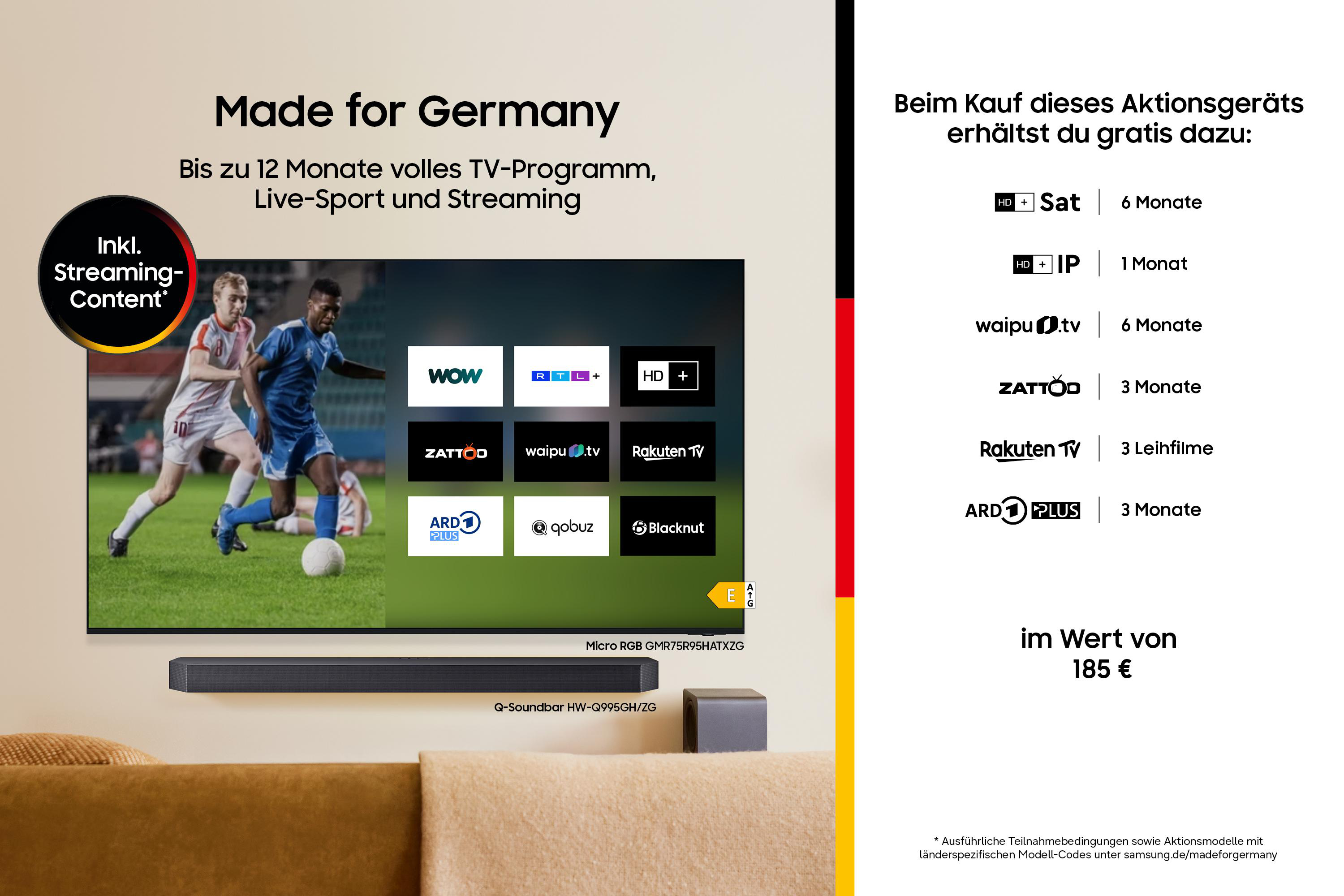 Samsung TV Werbung: Fußball auf dem Bildschirm, Soundbar darunter. Inklusive Angebote.