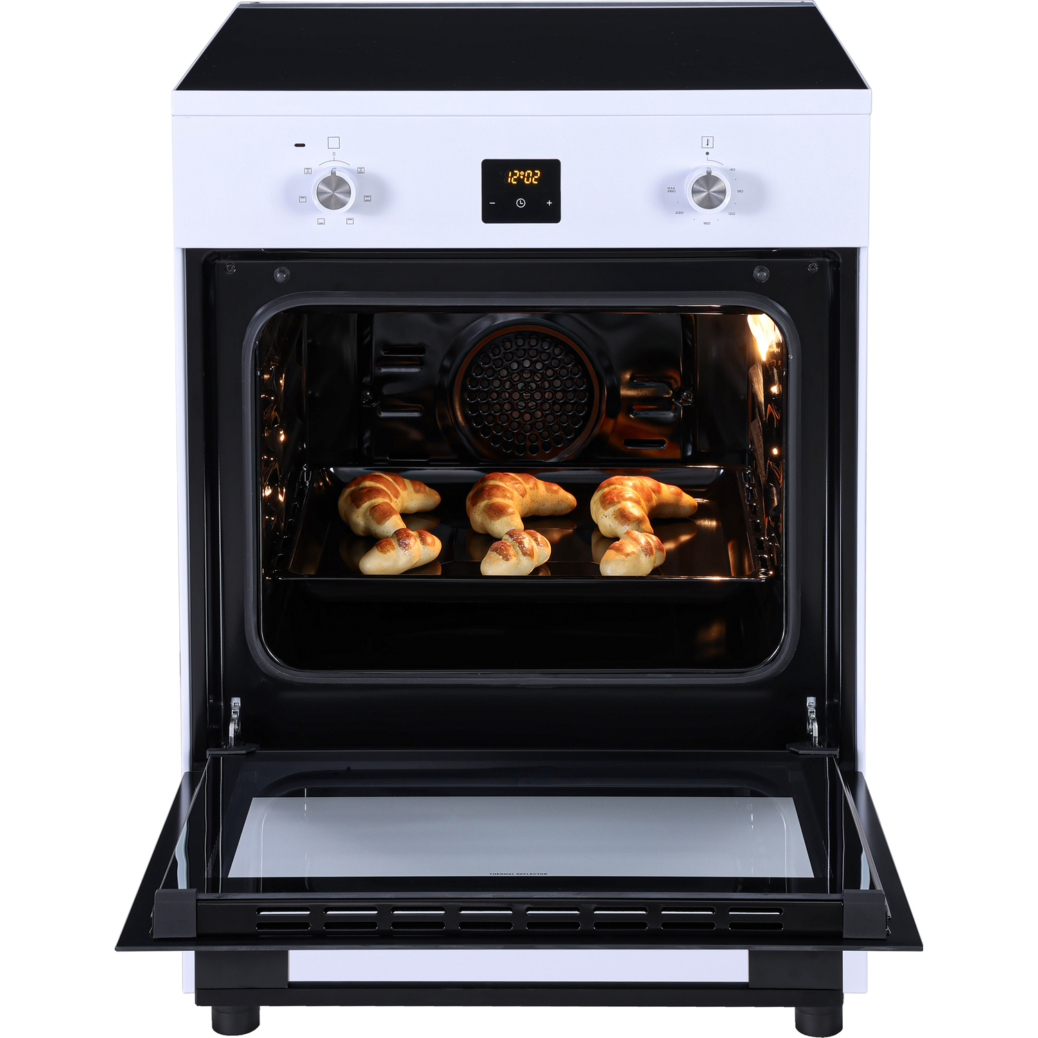 A white oven with open door, five golden brown croissants on a baking tray inside.