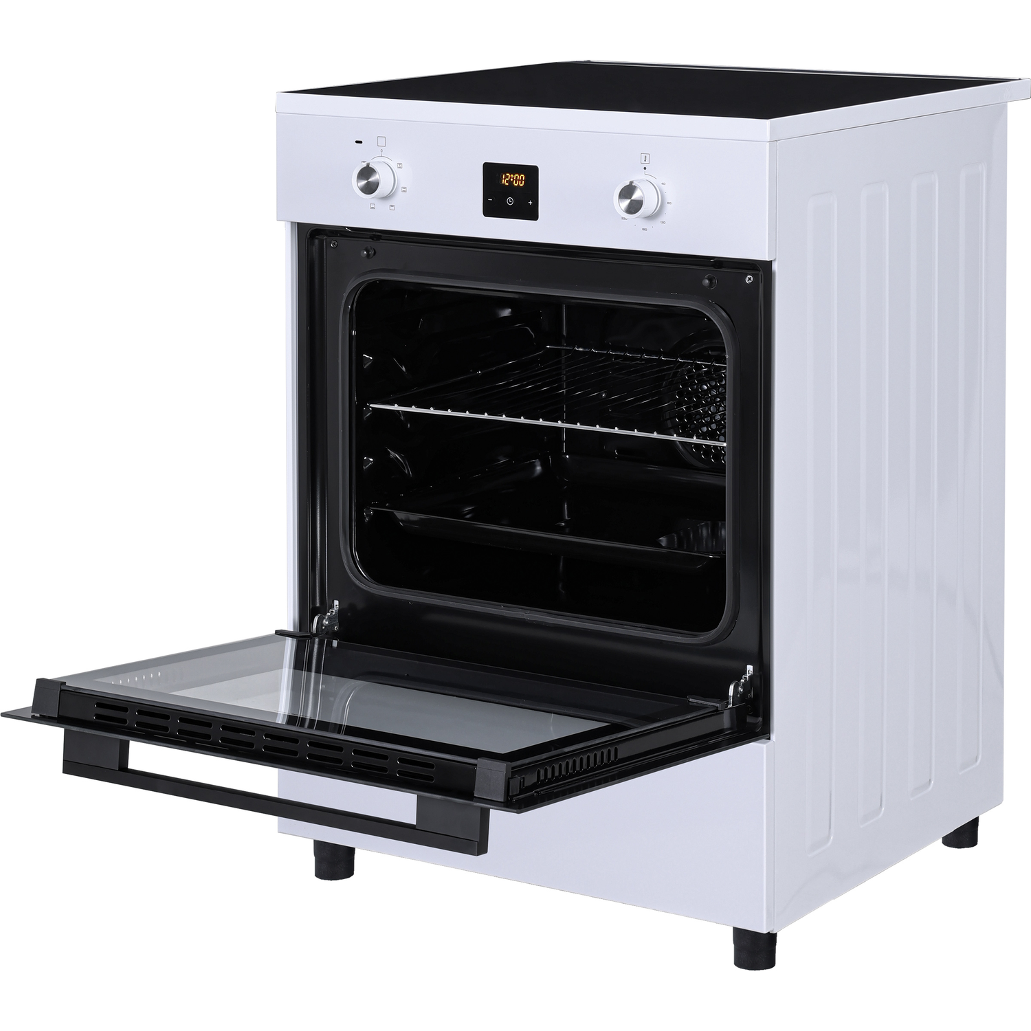 A white oven with its door open, featuring a black stovetop.