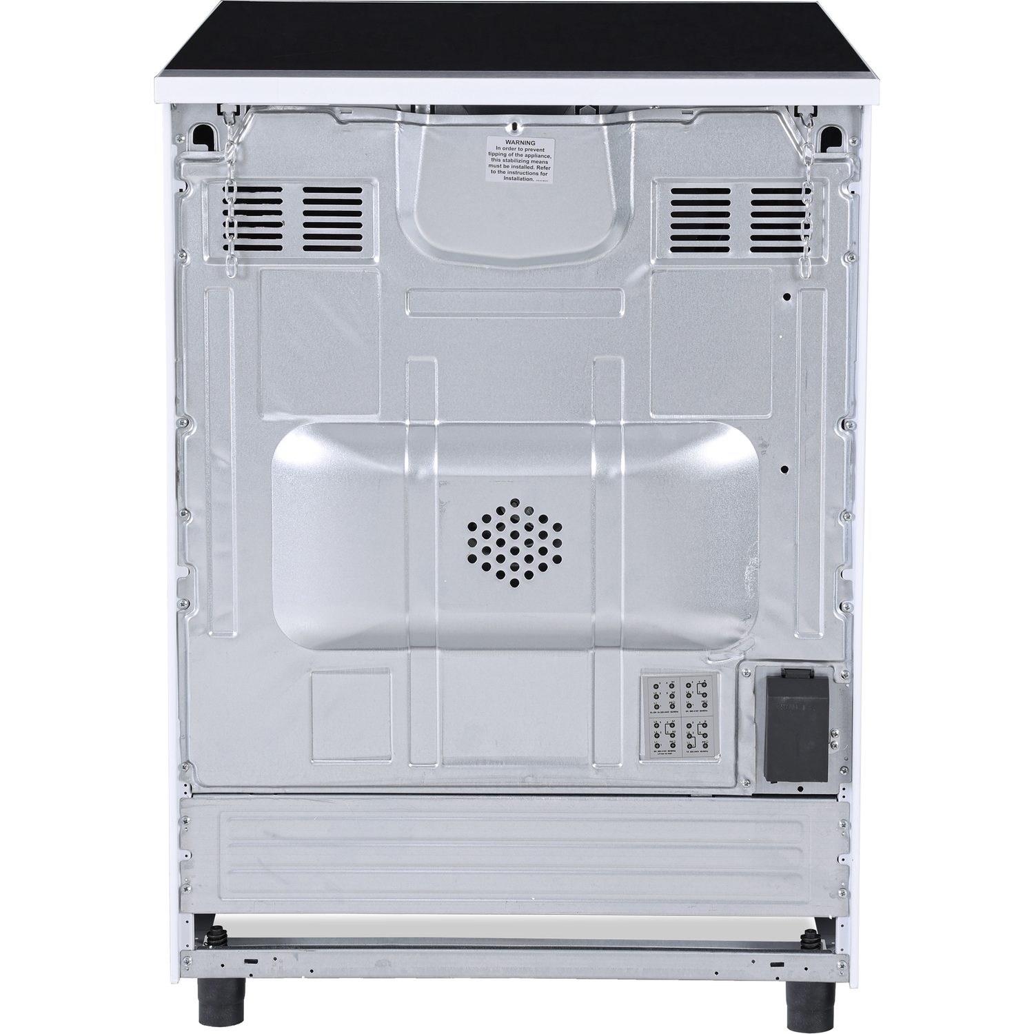 Back view of a white stove with vents, an electrical outlet, and a warning label.
