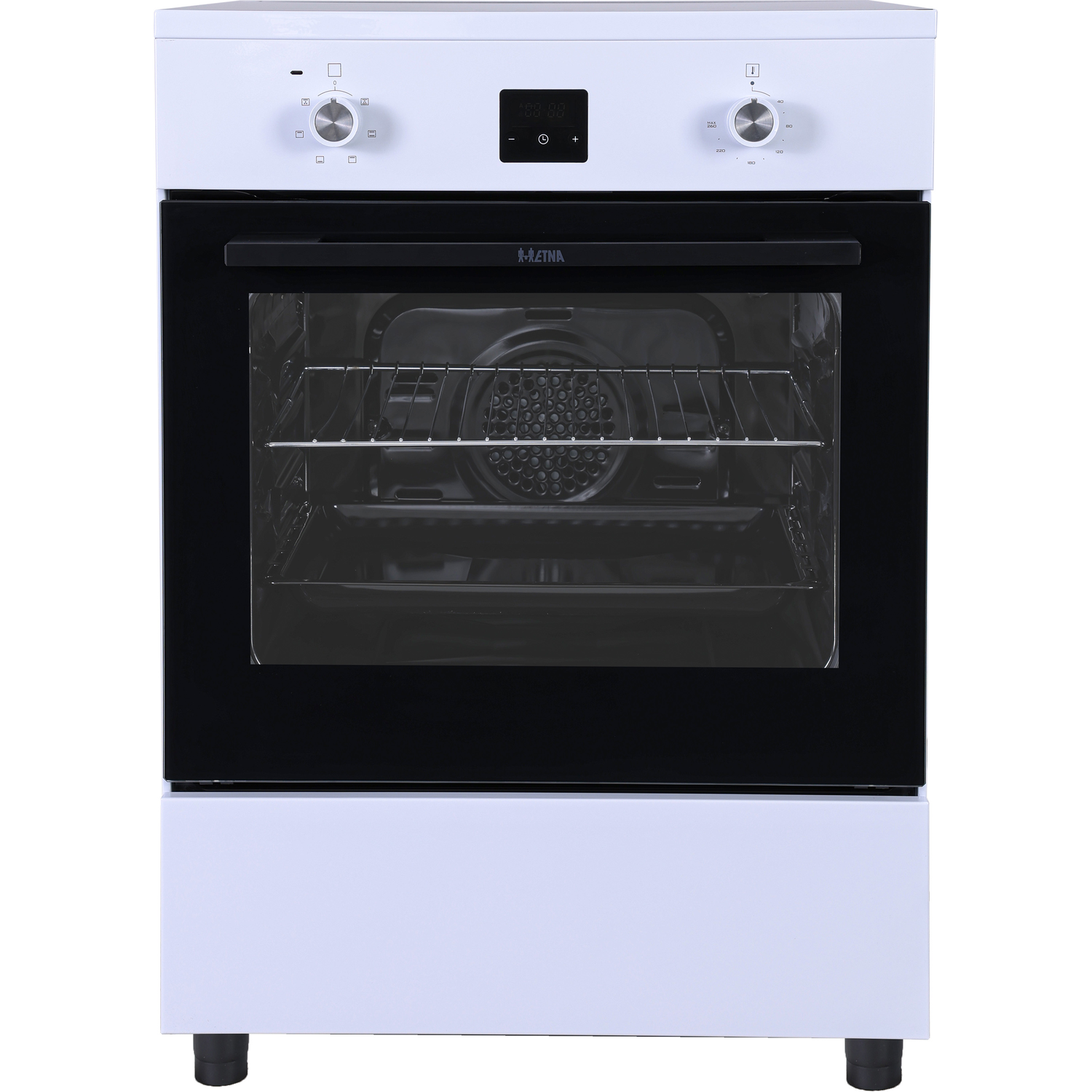 A white electric oven with a black glass door and digital display.