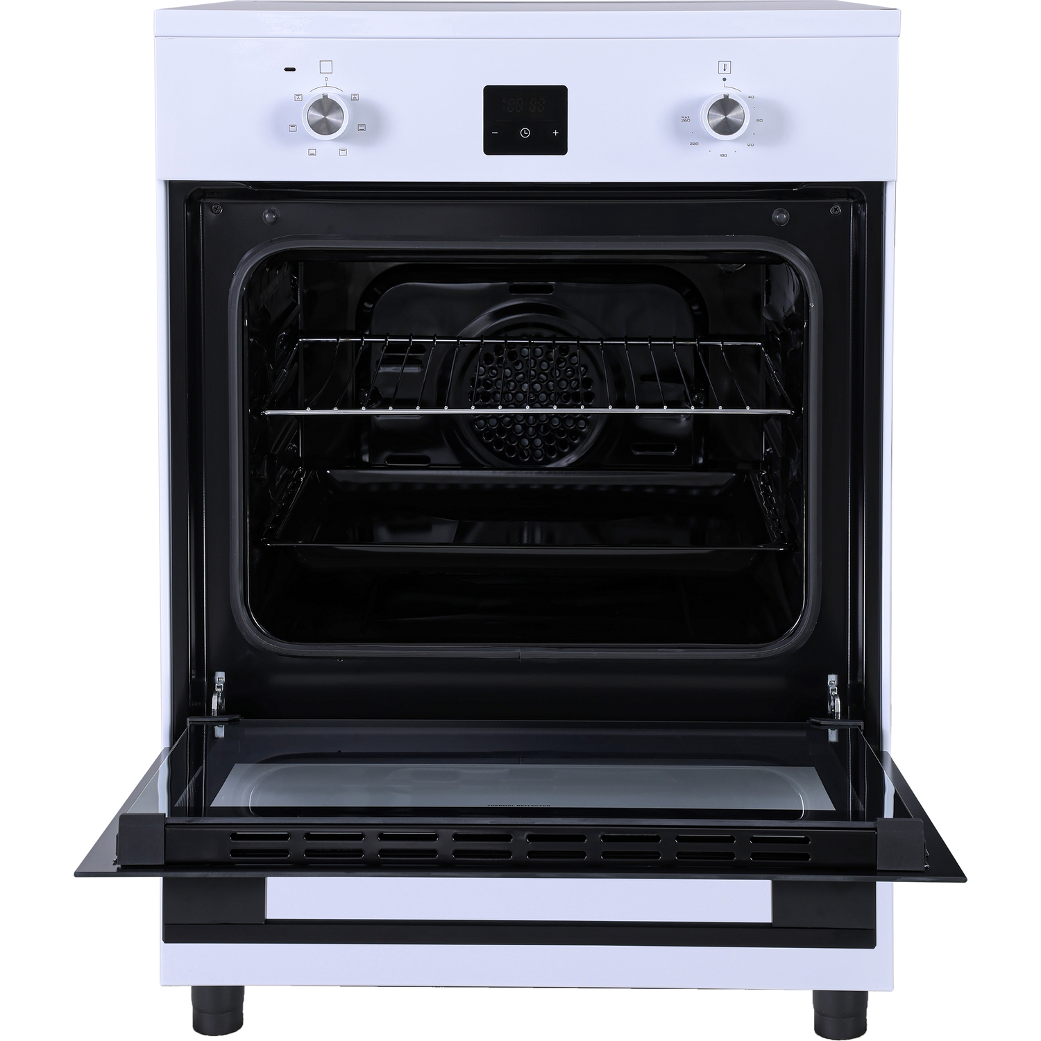 A white built-in oven with its glass door open, revealing the interior.