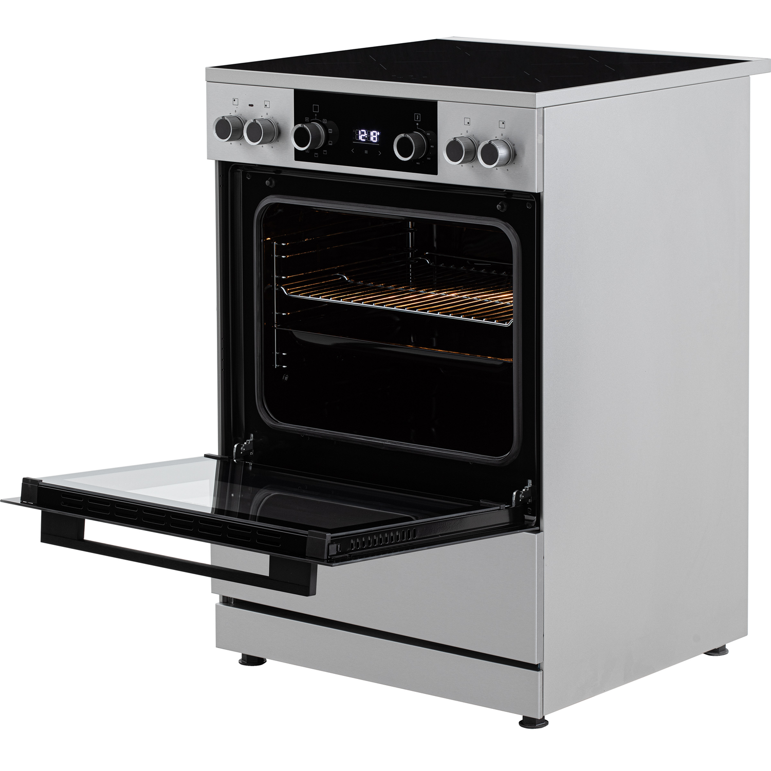 A silver electric stove with its oven door open and a glass ceramic stovetop.
