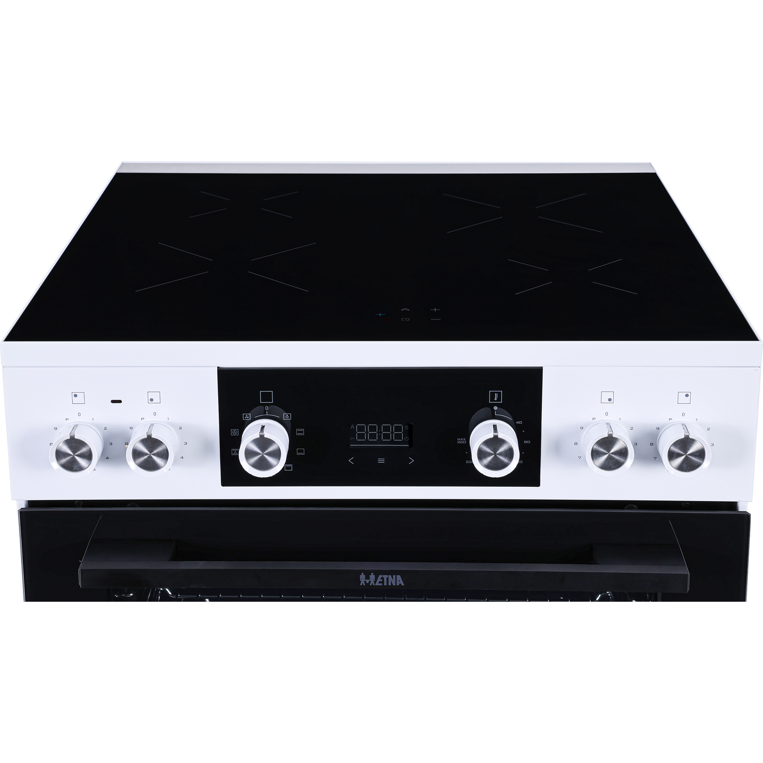 A white electric stove with a black glass top and digital display. Four burners are marked on the top.