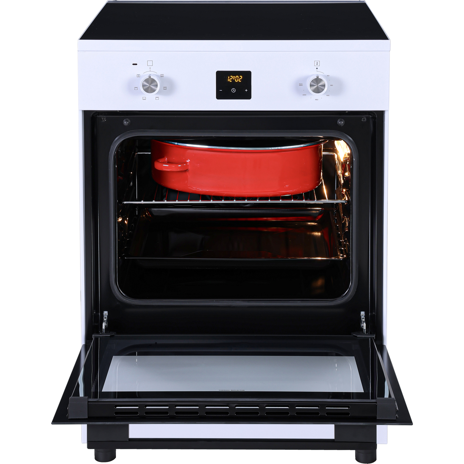 A white oven with its door open, showing a red roasting pan inside.